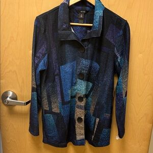 NWT Ali Miles Geometric Blue and Black Button Jacket/Top